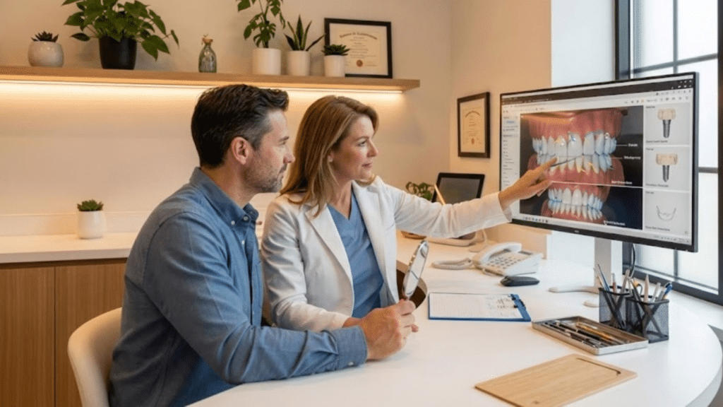 Restorative dentistry procedures including dental crowns, bridges, and fillings used to repair damaged or missing teeth.