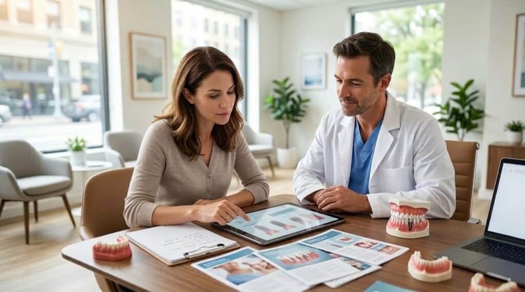 Patient consulting with implant dentist in Napa Valley reviewing dental implant options on a tablet in a modern clinic setting