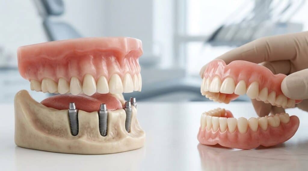 Close up of dental implants supporting a fixed denture compared to a removable denture model in a dental clinic setting