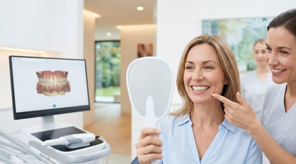 Patient reviewing same day dental implant results in a mirror with dentist guidance in a Napa Valley dental clinic